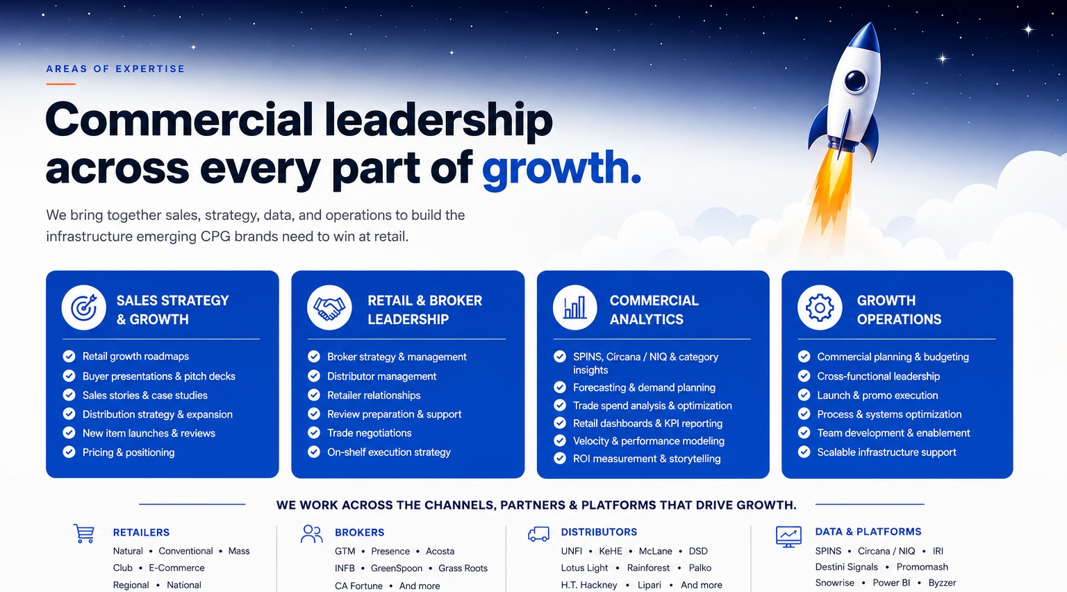Areas of expertise — commercial leadership across every part of growth: sales strategy and growth, retail and broker leadership, commercial analytics, and growth operations. BrandRise works across retailers, brokers, distributors, and data platforms.